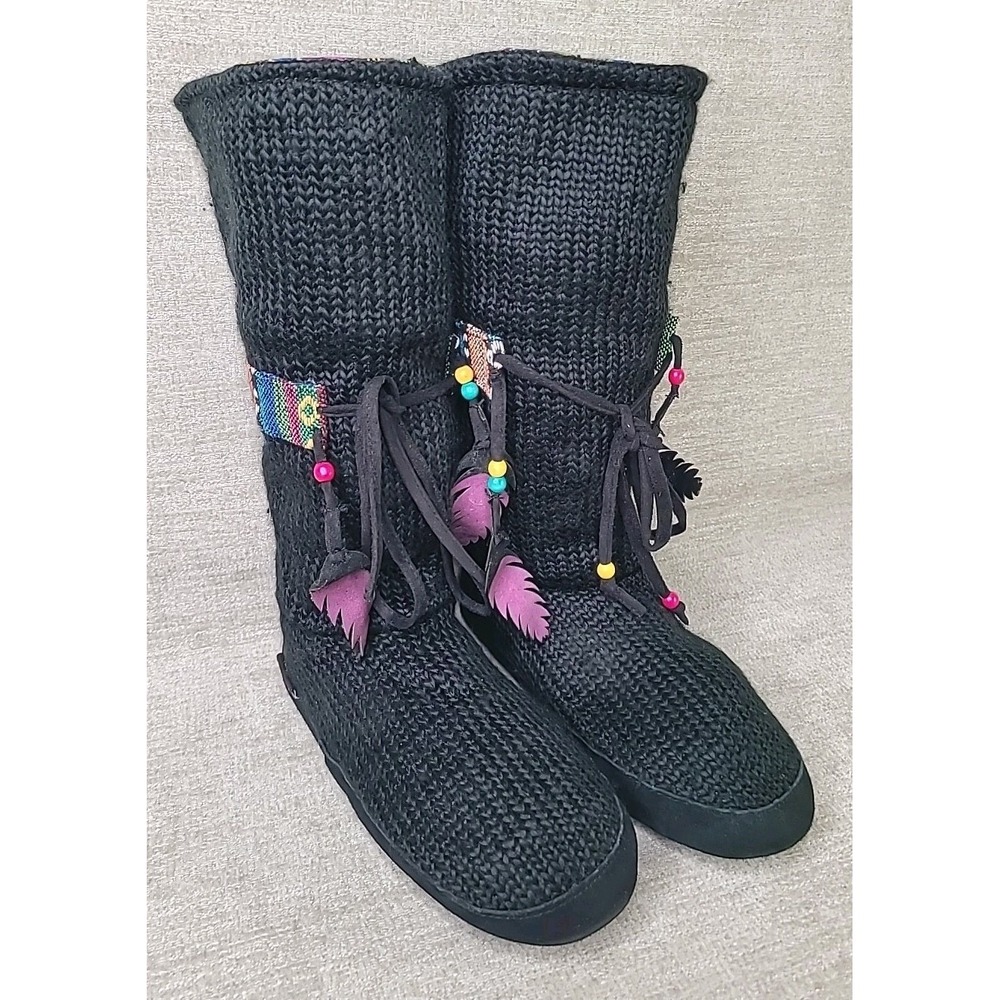 Muk Luks Tabbi Toggle Slipper‎ Aztec Design Feathers Beads Large 8-9 Women's EUC